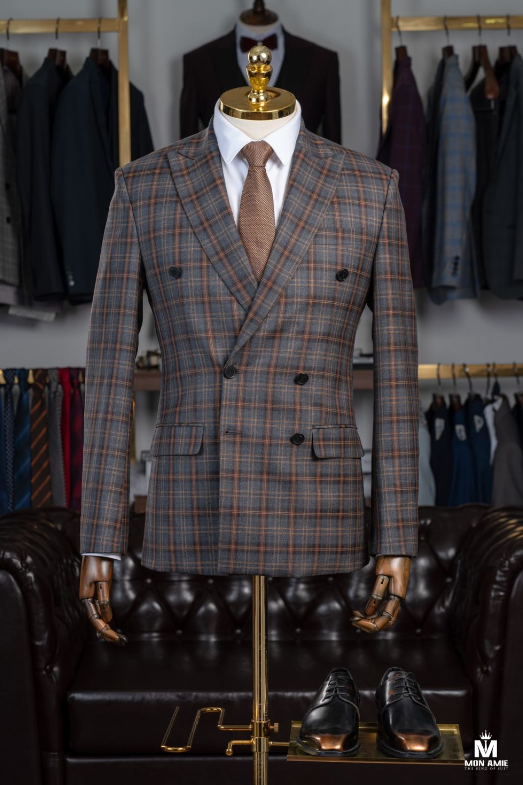 Double Breasted Brown Plaid On Grey Suit 